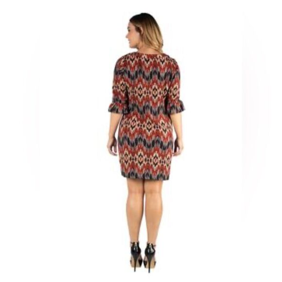 Aryeh Elbow 3/4 Sleeve Abstract Print Knit Shift Dress Brown Orange Size XL - Picture 3 of 9